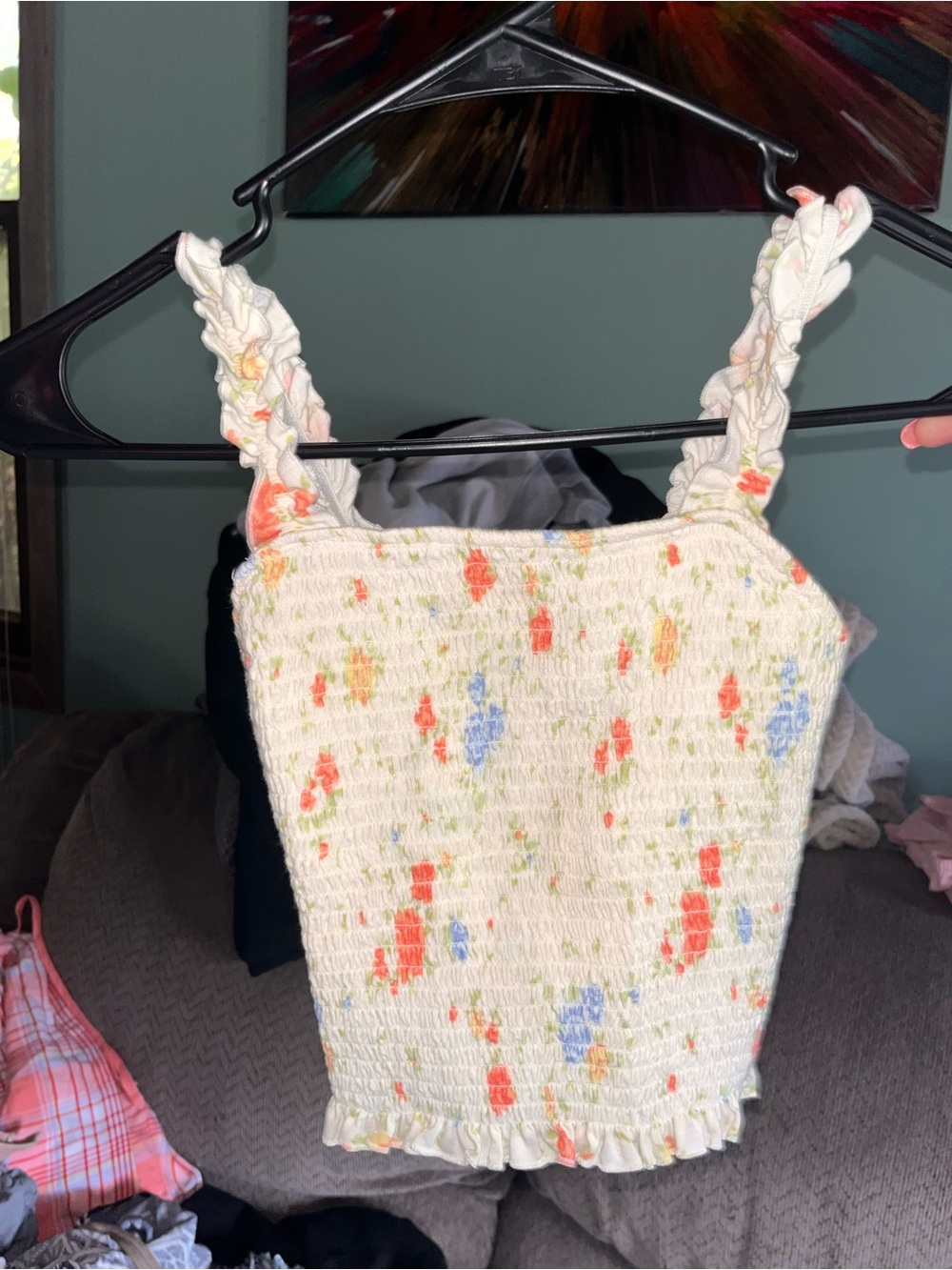 SO Cream Smocked Floral Cami with Braided Straps
